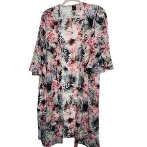 Floral Kimono Duster with Bell Sleeves Tie Front Size L